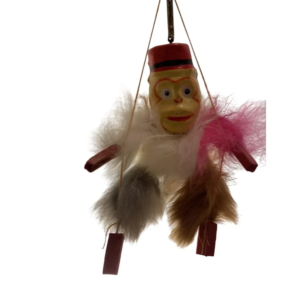 Antique Celluloid Monkey toy Hanging Bouncy Spring Feathers